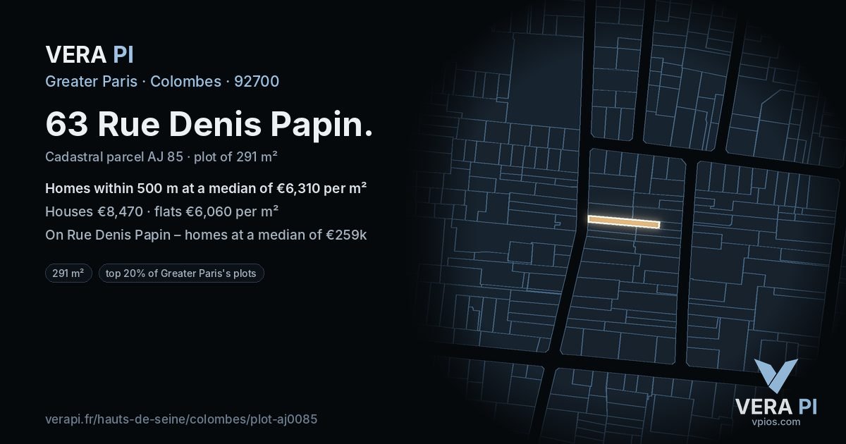 63 Rue Denis Papin, Colombes at night – the plot lit, the parcels around coloured by the prices near them