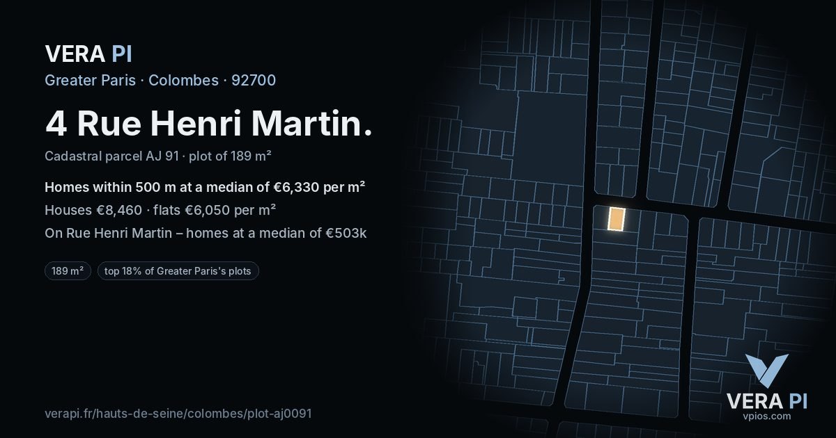 4 Rue Henri Martin, Colombes at night – the plot lit, the parcels around coloured by the prices near them