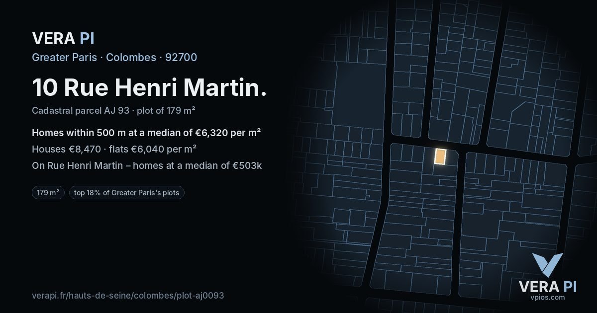 10 Rue Henri Martin, Colombes at night – the plot lit, the parcels around coloured by the prices near them