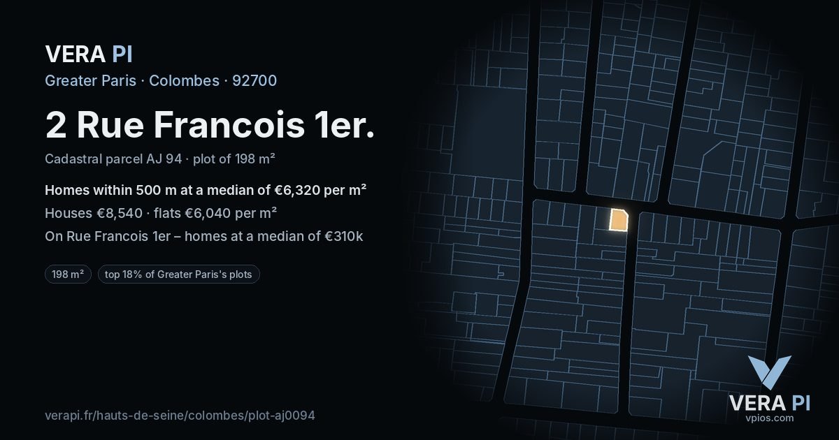2 Rue Francois 1er, Colombes at night – the plot lit, the parcels around coloured by the prices near them