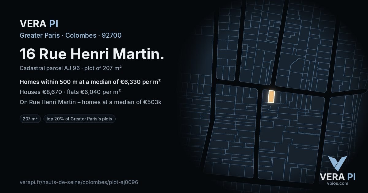 16 Rue Henri Martin, Colombes at night – the plot lit, the parcels around coloured by the prices near them