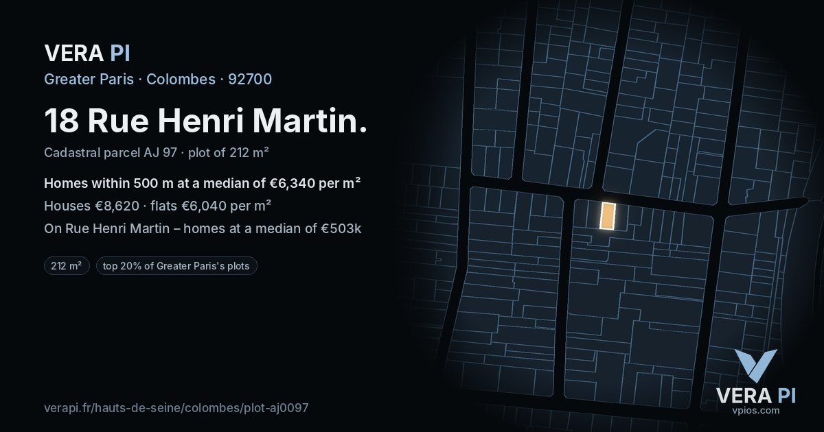 18 Rue Henri Martin, Colombes at night – the plot lit, the parcels around coloured by the prices near them