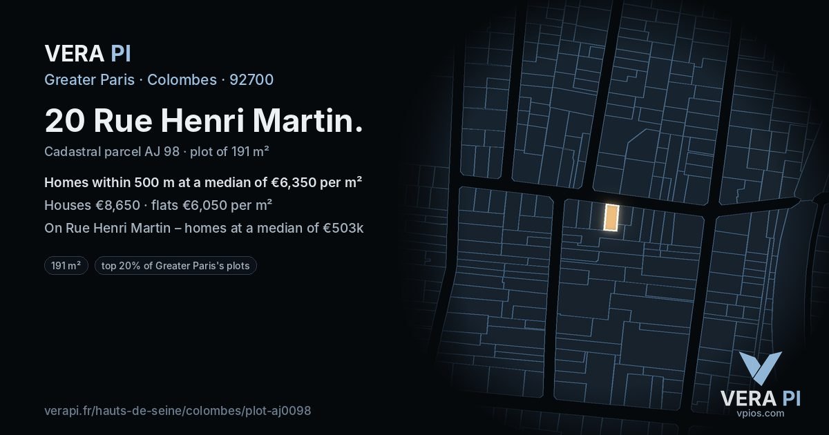 20 Rue Henri Martin, Colombes at night – the plot lit, the parcels around coloured by the prices near them