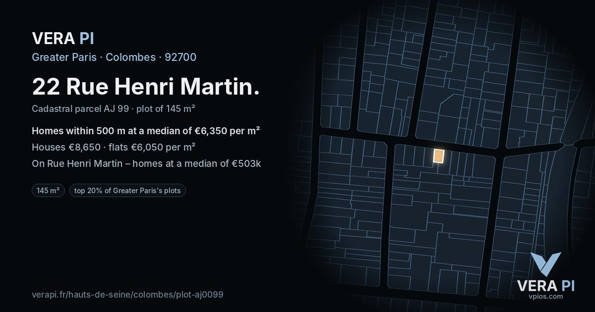 22 Rue Henri Martin, Colombes at night – the plot lit, the parcels around coloured by the prices near them