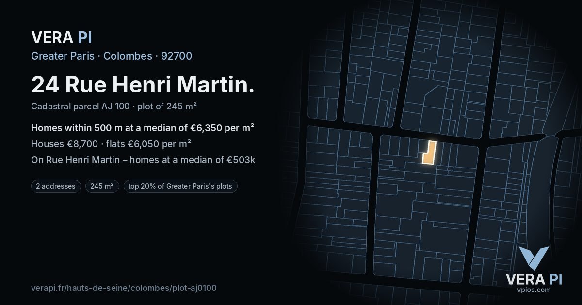 24 Rue Henri Martin, Colombes at night – the plot lit, the parcels around coloured by the prices near them