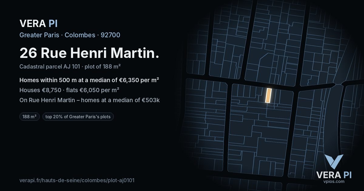 26 Rue Henri Martin, Colombes at night – the plot lit, the parcels around coloured by the prices near them