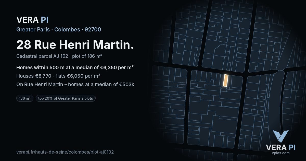 28 Rue Henri Martin, Colombes at night – the plot lit, the parcels around coloured by the prices near them