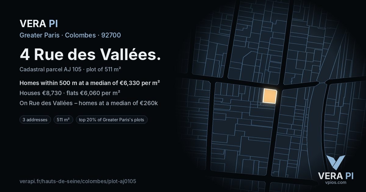 4 Rue des Vallées, Colombes at night – the plot lit, the parcels around coloured by the prices near them