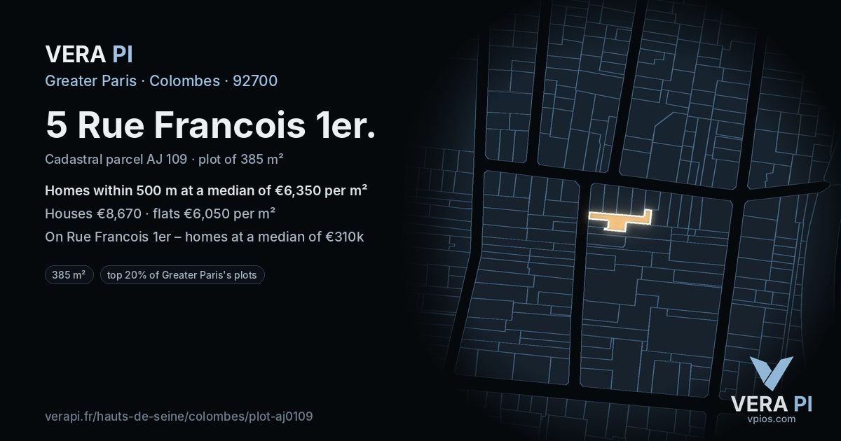 5 Rue Francois 1er, Colombes at night – the plot lit, the parcels around coloured by the prices near them