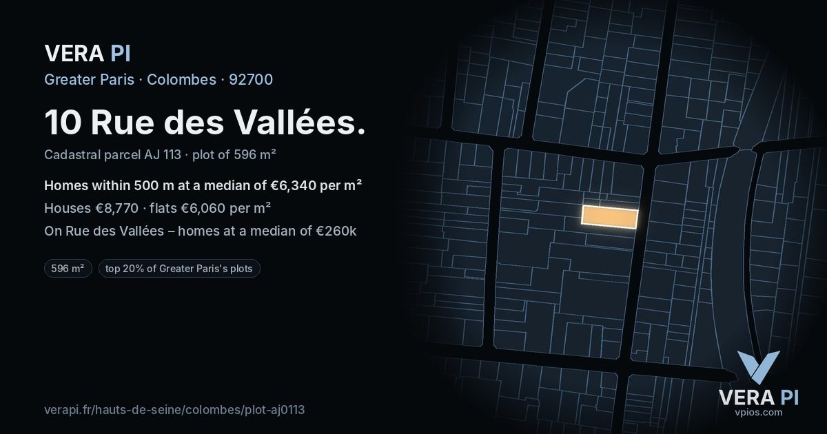10 Rue des Vallées, Colombes at night – the plot lit, the parcels around coloured by the prices near them