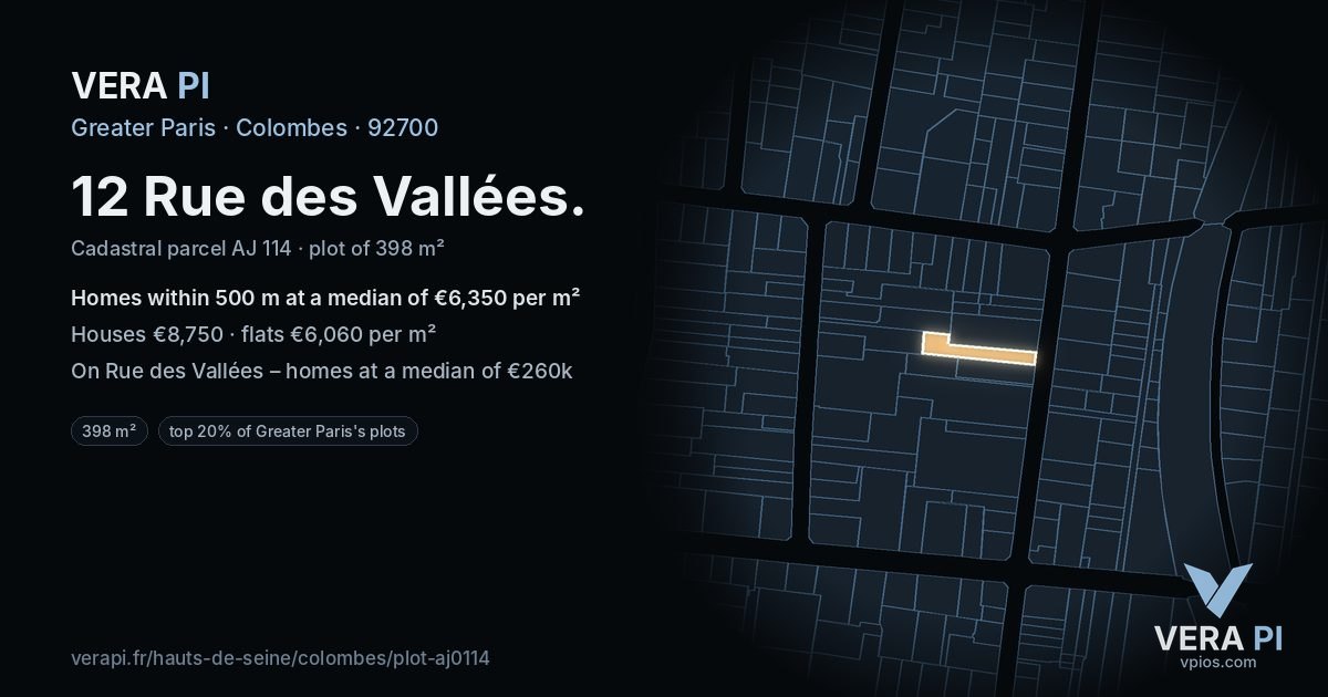 12 Rue des Vallées, Colombes at night – the plot lit, the parcels around coloured by the prices near them