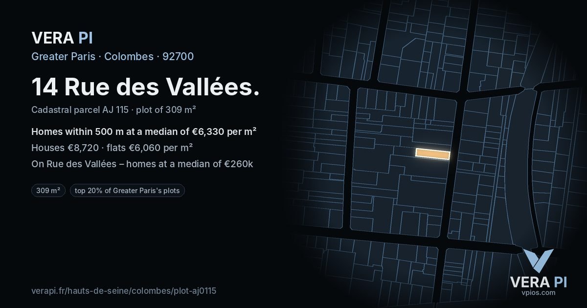 14 Rue des Vallées, Colombes at night – the plot lit, the parcels around coloured by the prices near them