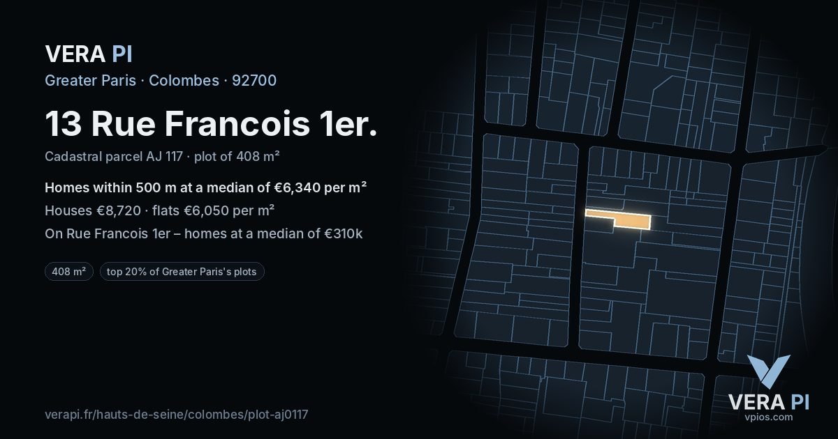 13 Rue Francois 1er, Colombes at night – the plot lit, the parcels around coloured by the prices near them