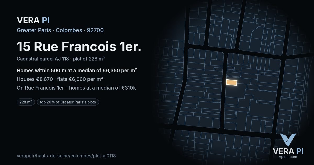 15 Rue Francois 1er, Colombes at night – the plot lit, the parcels around coloured by the prices near them