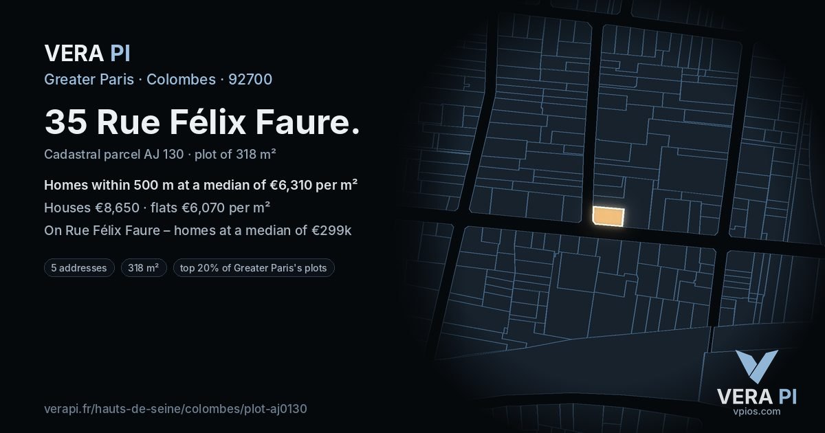 35 Rue Félix Faure, Colombes at night – the plot lit, the parcels around coloured by the prices near them