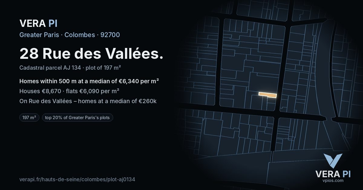 28 Rue des Vallées, Colombes at night – the plot lit, the parcels around coloured by the prices near them