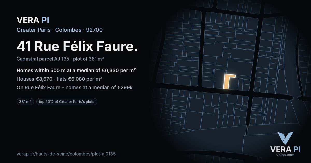 41 Rue Félix Faure, Colombes at night – the plot lit, the parcels around coloured by the prices near them