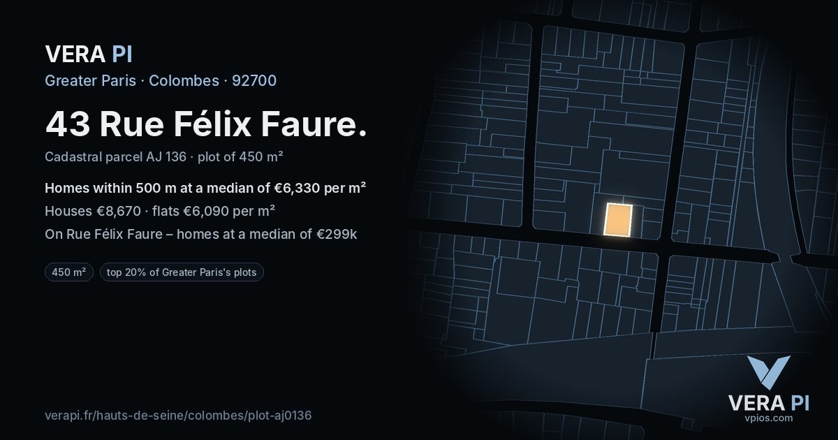 43 Rue Félix Faure, Colombes at night – the plot lit, the parcels around coloured by the prices near them