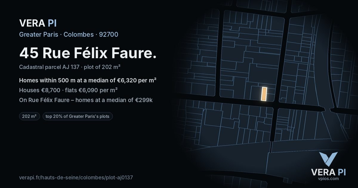 45 Rue Félix Faure, Colombes at night – the plot lit, the parcels around coloured by the prices near them