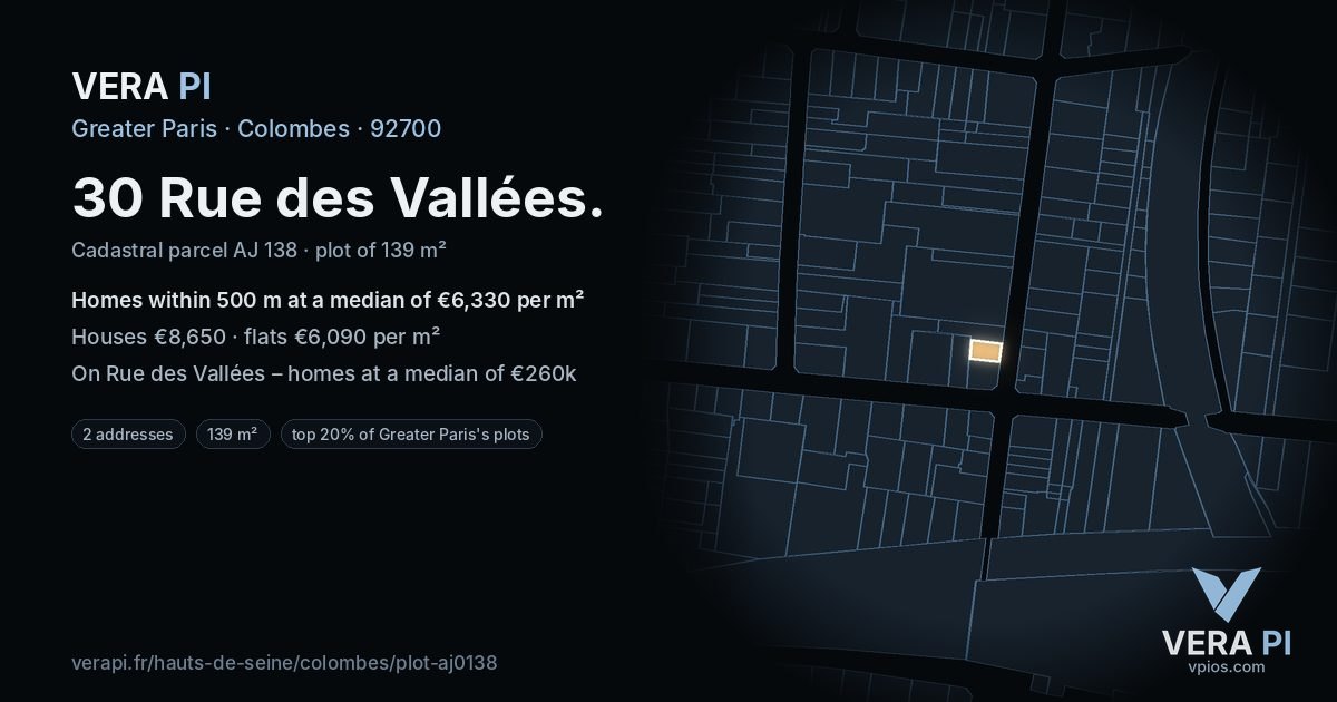 30 Rue des Vallées, Colombes at night – the plot lit, the parcels around coloured by the prices near them