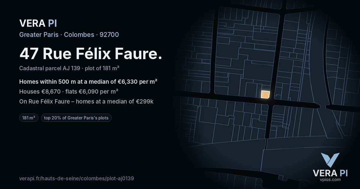 47 Rue Félix Faure, Colombes at night – the plot lit, the parcels around coloured by the prices near them