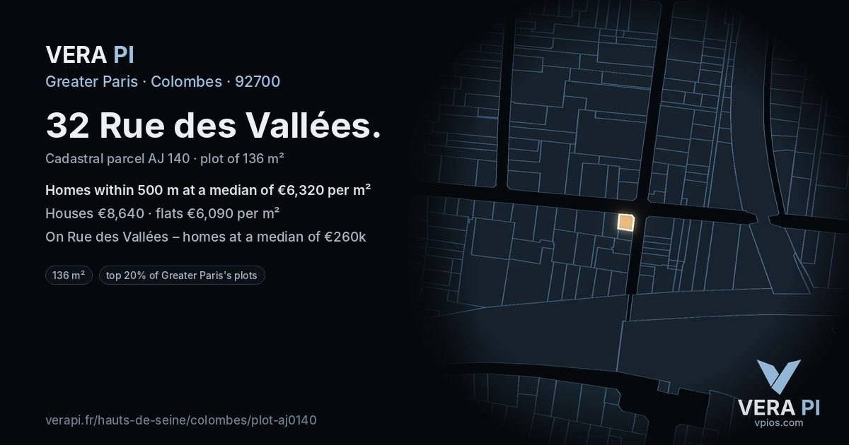 32 Rue des Vallées, Colombes at night – the plot lit, the parcels around coloured by the prices near them