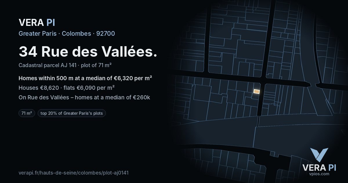 34 Rue des Vallées, Colombes at night – the plot lit, the parcels around coloured by the prices near them