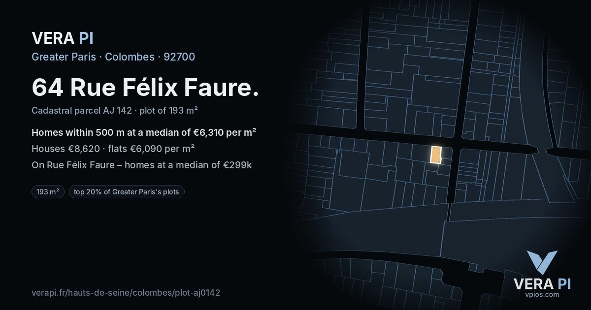 64 Rue Félix Faure, Colombes at night – the plot lit, the parcels around coloured by the prices near them