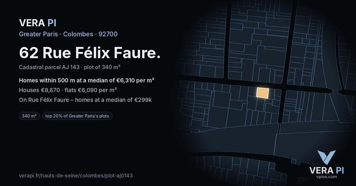 62 Rue Félix Faure, Colombes at night – the plot lit, the parcels around coloured by the prices near them