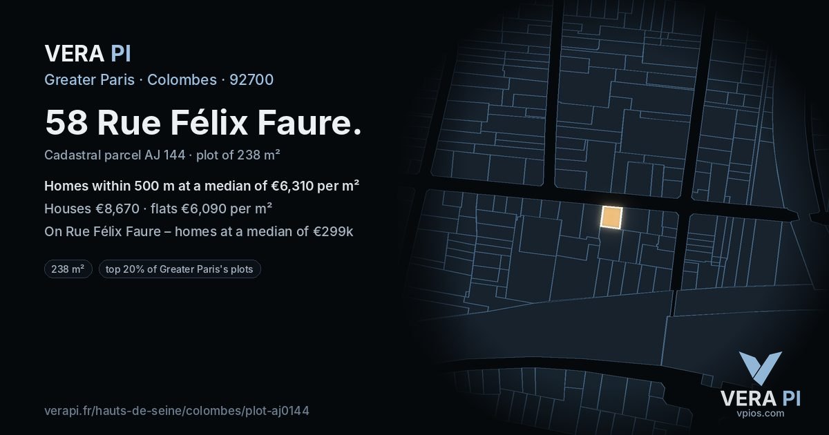 58 Rue Félix Faure, Colombes at night – the plot lit, the parcels around coloured by the prices near them