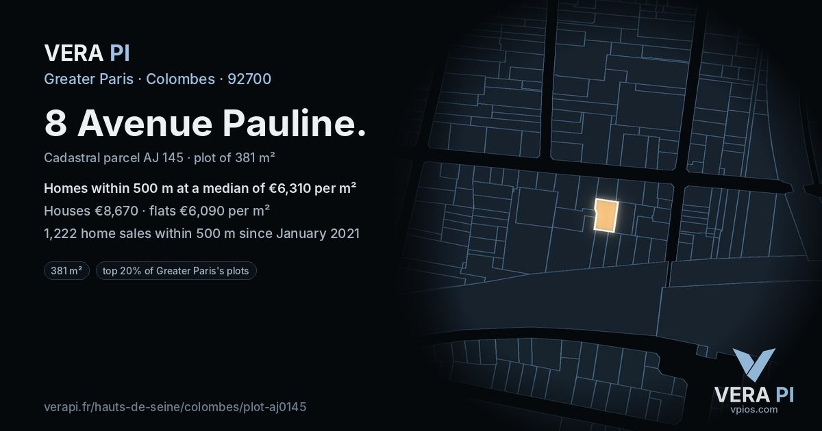 8 Avenue Pauline, Colombes at night – the plot lit, the parcels around coloured by the prices near them
