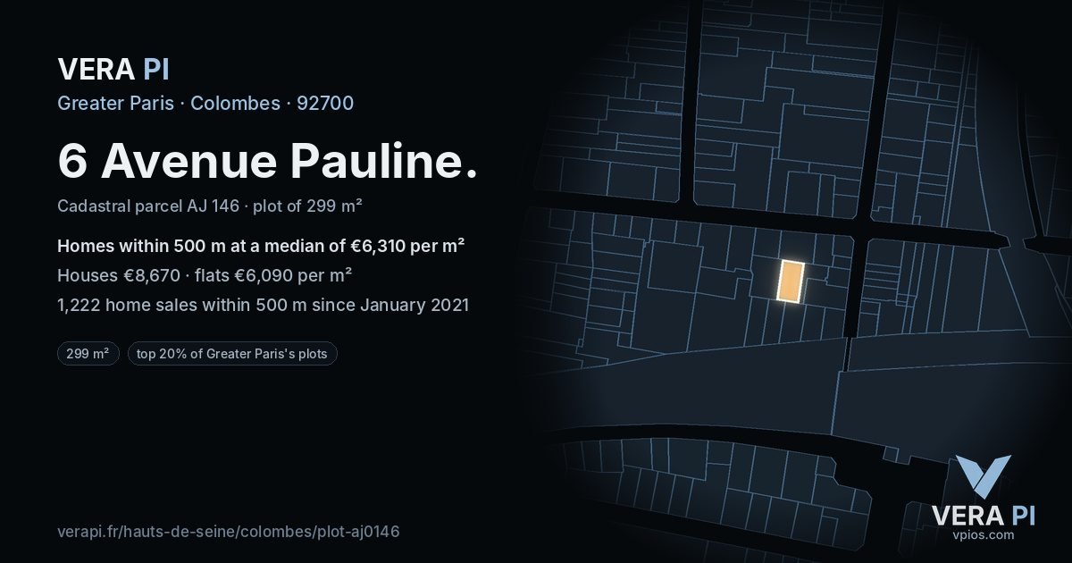 6 Avenue Pauline, Colombes at night – the plot lit, the parcels around coloured by the prices near them