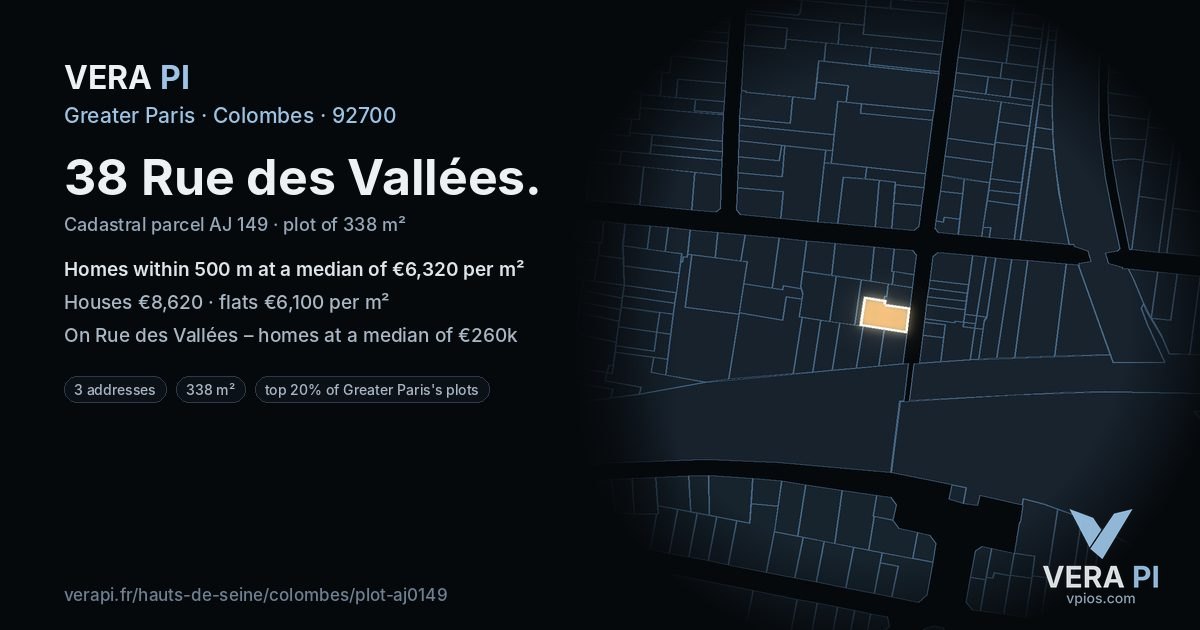 38 Rue des Vallées, Colombes at night – the plot lit, the parcels around coloured by the prices near them