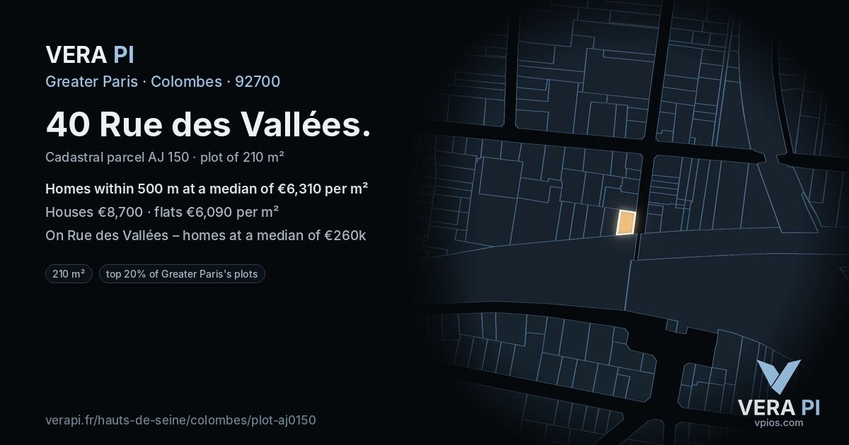40 Rue des Vallées, Colombes at night – the plot lit, the parcels around coloured by the prices near them