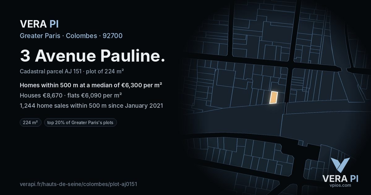 3 Avenue Pauline, Colombes at night – the plot lit, the parcels around coloured by the prices near them