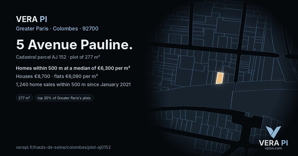5 Avenue Pauline, Colombes at night – the plot lit, the parcels around coloured by the prices near them