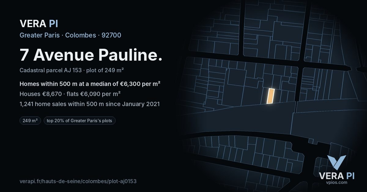 7 Avenue Pauline, Colombes at night – the plot lit, the parcels around coloured by the prices near them