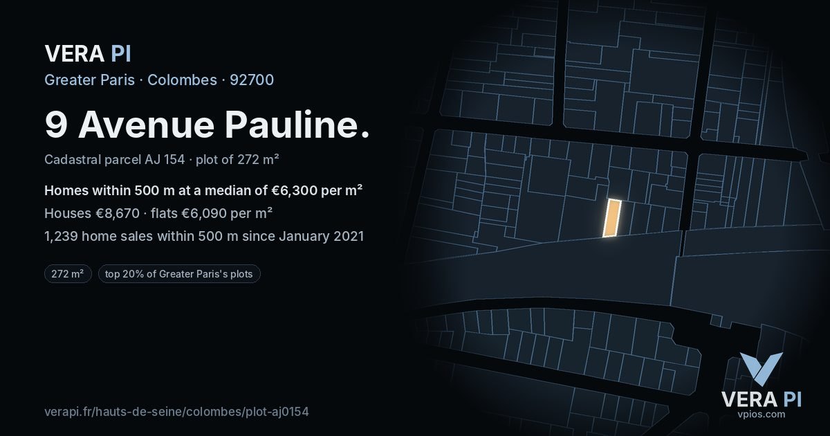 9 Avenue Pauline, Colombes at night – the plot lit, the parcels around coloured by the prices near them