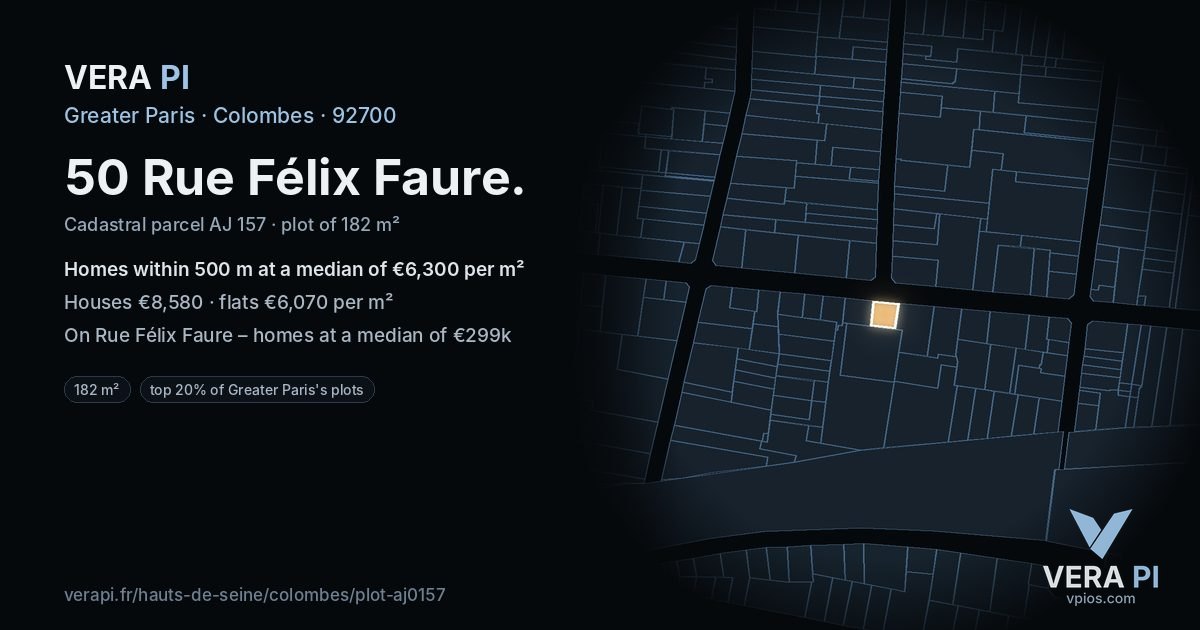 50 Rue Félix Faure, Colombes at night – the plot lit, the parcels around coloured by the prices near them