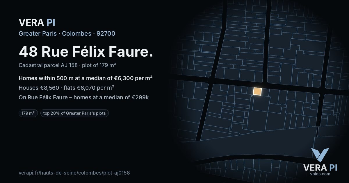 48 Rue Félix Faure, Colombes at night – the plot lit, the parcels around coloured by the prices near them