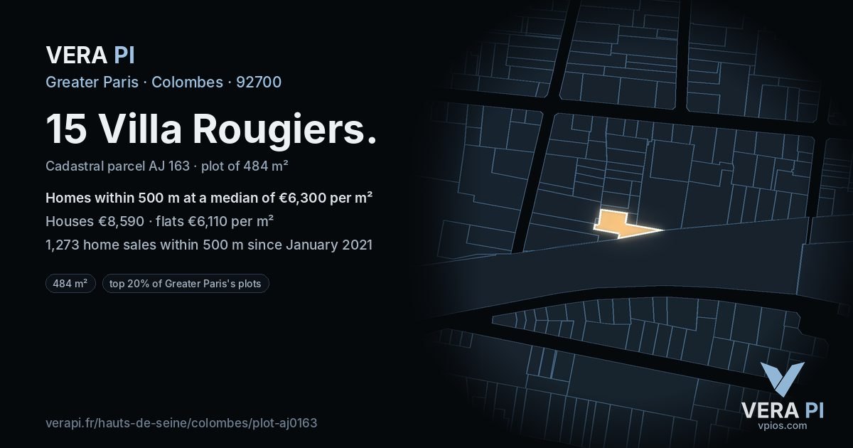 15 Villa Rougiers, Colombes at night – the plot lit, the parcels around coloured by the prices near them