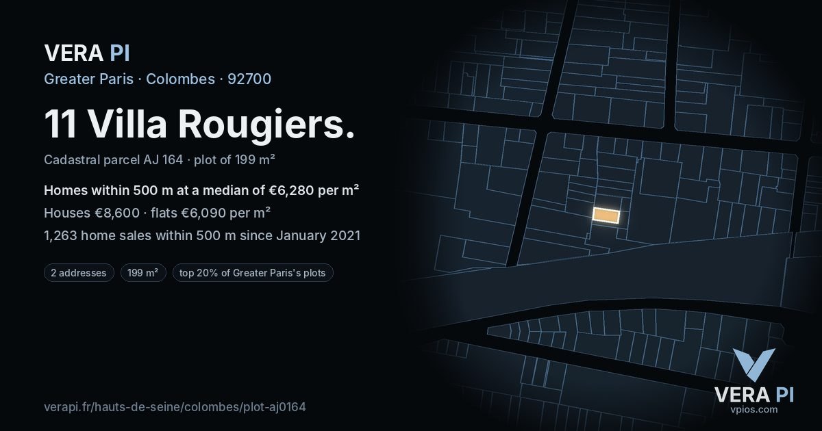 11 Villa Rougiers, Colombes at night – the plot lit, the parcels around coloured by the prices near them