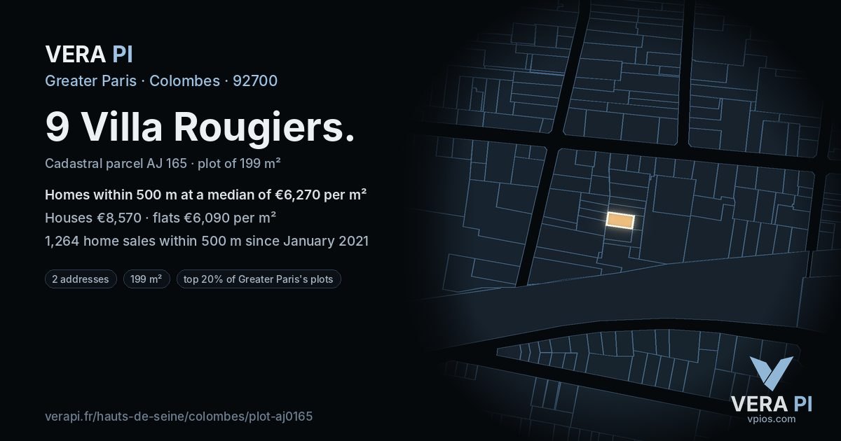 9 Villa Rougiers, Colombes at night – the plot lit, the parcels around coloured by the prices near them