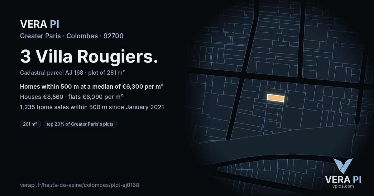 3 Villa Rougiers, Colombes at night – the plot lit, the parcels around coloured by the prices near them