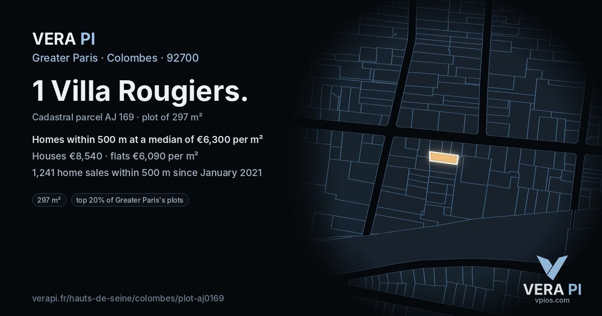 1 Villa Rougiers, Colombes at night – the plot lit, the parcels around coloured by the prices near them