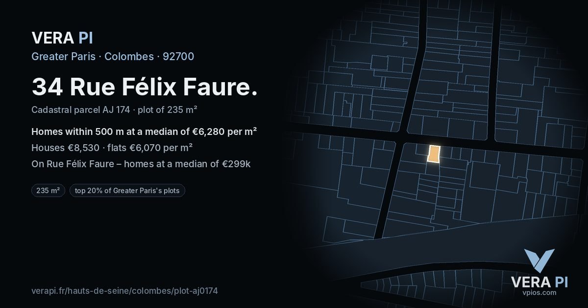 34 Rue Félix Faure, Colombes at night – the plot lit, the parcels around coloured by the prices near them