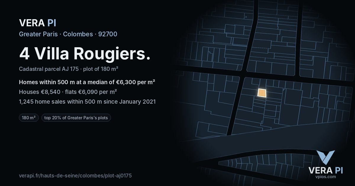 4 Villa Rougiers, Colombes at night – the plot lit, the parcels around coloured by the prices near them
