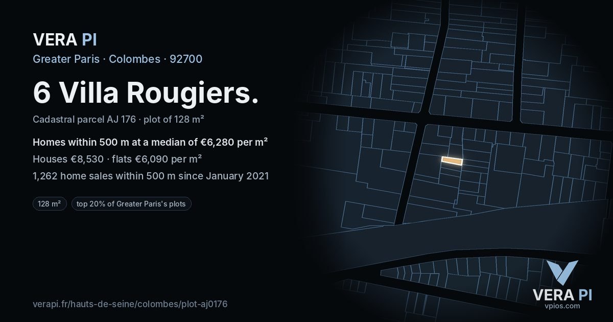 6 Villa Rougiers, Colombes at night – the plot lit, the parcels around coloured by the prices near them
