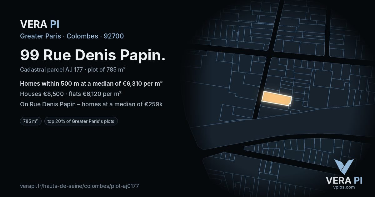 99 Rue Denis Papin, Colombes at night – the plot lit, the parcels around coloured by the prices near them