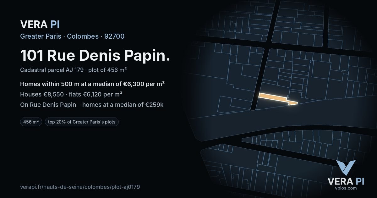 101 Rue Denis Papin, Colombes at night – the plot lit, the parcels around coloured by the prices near them